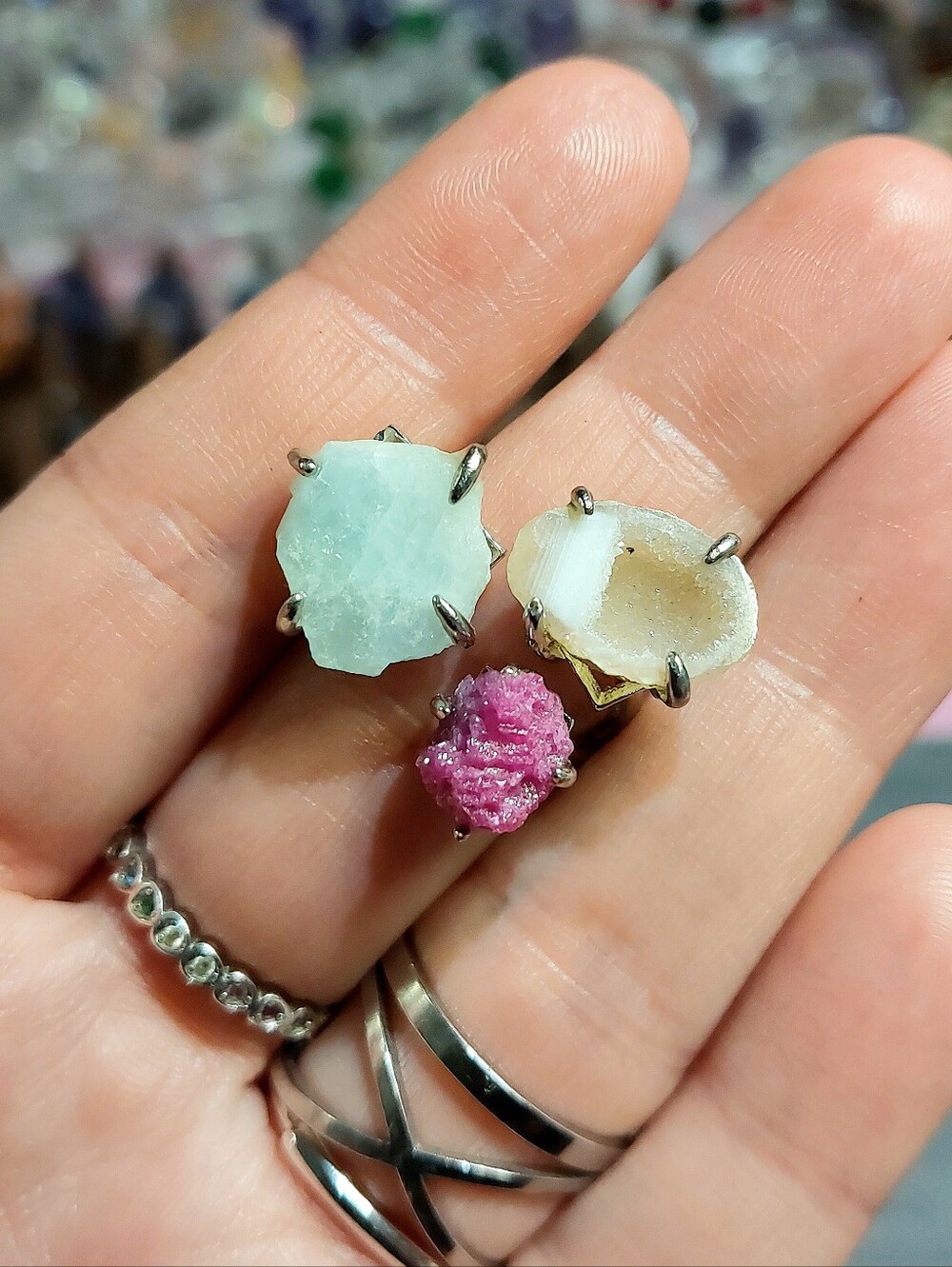 🪨⚒️ Mini Tabasco Geode, Aquamarine & Raw Ruby Trio Specimen Copper Ring